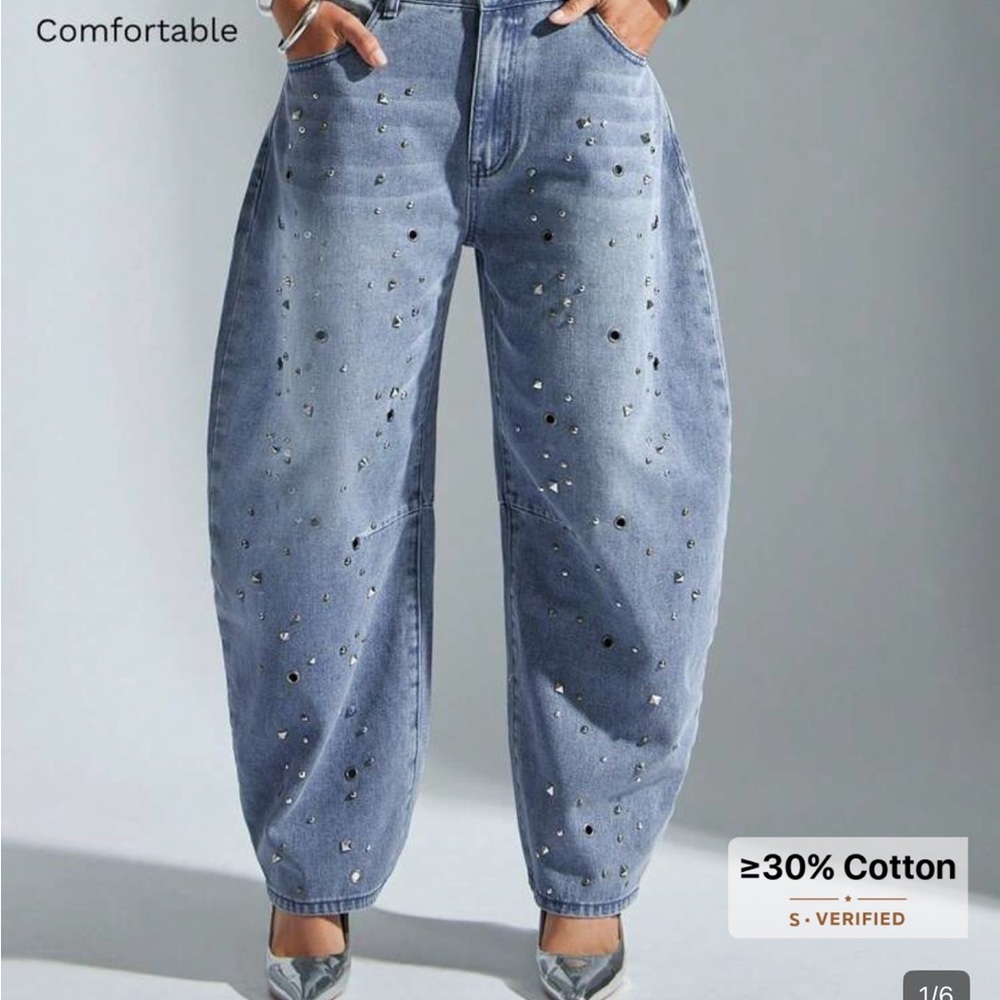 SHEIN Light Blue Studded Boyfriend Jeans